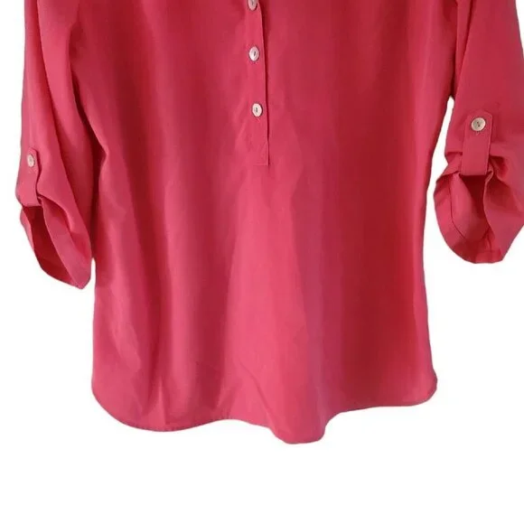 Chicos Pink Polyester Quarter Button Front 3/4 Roll Tab Sleeves Tunic Size 1 M 8 - Picture 3 of 6